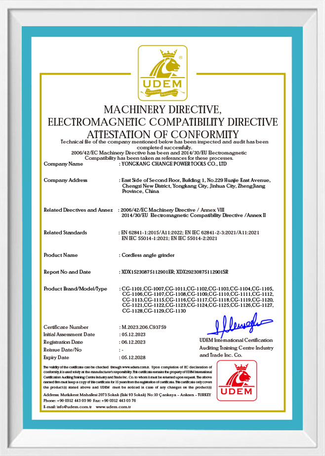 Certificado CE de amoladora angular eléctrica